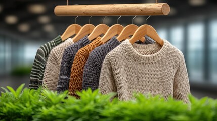 Sweaters on a rack with greenery sit indoors by blurred windows