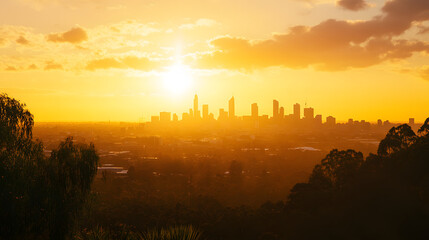 Sunrise in Melbourne, Australia, with golden sunlight. Illustration of popular places in the world.