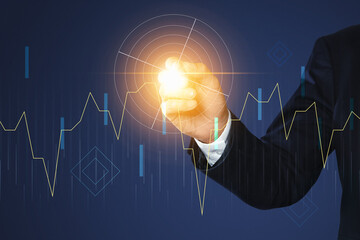 Targeting. Businessman touching aim on virtual screen against dark blue background, closeup