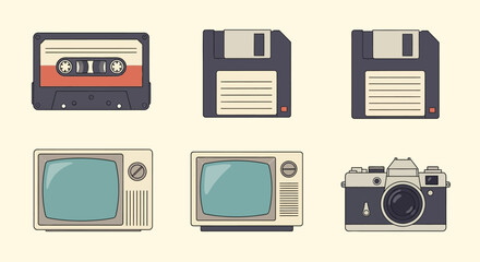 Retro Technology Icons: Cassette Tape, Floppy Disks, Vintage TV, and Analog Camera