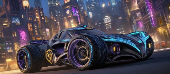 Futuristic racer in neon-lit city street race