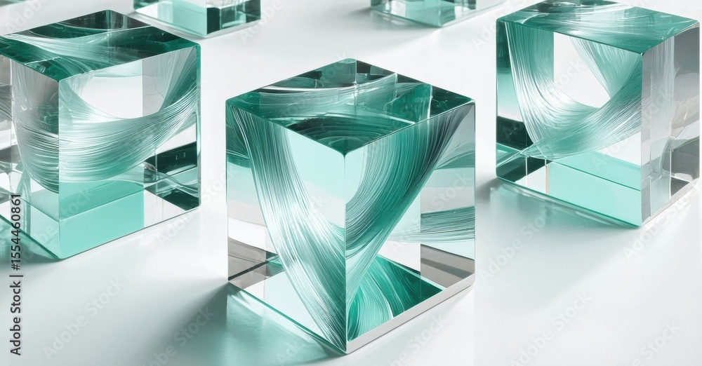 Poster abstract glass cubes display swirling teal patterns. minimalist composition, clean lines, reflective