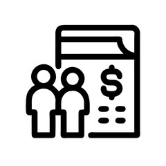 Black line icon of two people standing beside a financial document with a dollar sign, representing family budget planning or expense tracking.
