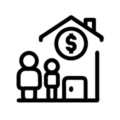 Black line icon of two family members beside a house with a dollar sign, representing home expenses, family budgeting, or financial planning.
