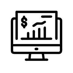 Black line icon of a computer monitor displaying a financial chart with a dollar symbol, representing market analysis or trading platform.
