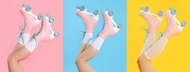 Women in retro roller skates on color backgrounds, closeup. Collage of photos