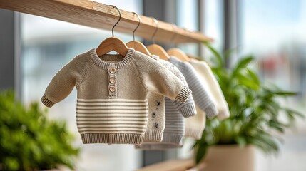 Baby sweaters on hangers, neutral tones, soft focus backdrop, plants
