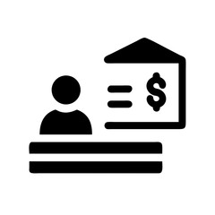 Black icon showing a person in front of a bank symbol with a dollar sign, representing personal banking, account management, or finance.
