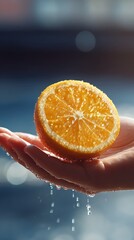 Wet Orange Slice in Hand Refreshing Citrus Fruit with Sparkling Water Droplets