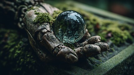 Weathered Stone Hand Holding Crystal Ball in Lush, Mossy Greenery A Mystical Still Life