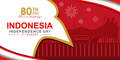 Fototapeta premium Banner or poster design for the 80th Indonesian Independence Day in 2025 with the silhouette element of the Nusantara Building at the IKN.