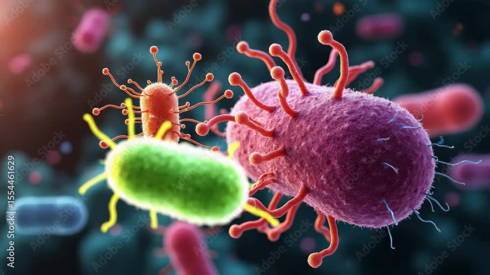 Poster colorful bacteria and microorganisms vibrant microscopic life forms interacting in dynamic science a