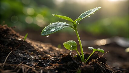 Delicate green sprout emerging from rich soil with morning dew drops