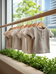Soft-toned baby tees hung on a rail with greenery and a cityscape backdrop