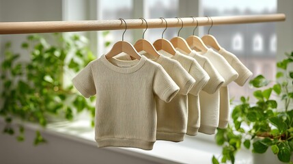 Row of off-white t-shirts hanging on rod in front of plants and window