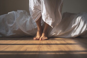 Woman's Feet on Wooden Floor Beside Rumpled Bed with White Linen Blanket