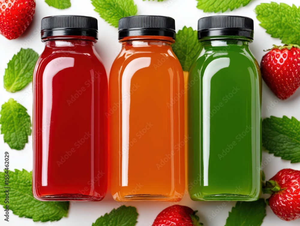 Poster refreshing and vibrant array of natural fruit drinks in clear bottles surrounded by fresh strawberri