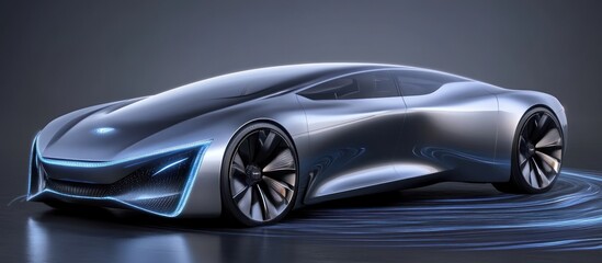 Futuristic silver coupe, studio shot, motion blur, electric vehicle ad