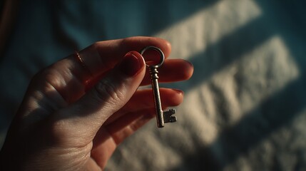 Woman's Hand Holding an Antique Key Illuminated by Sunlight with Shadow Patterns