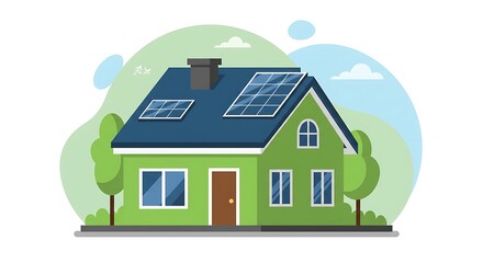 A vibrant illustration of a green, eco-friendly house with solar panels on its roof, surrounded by trees under a bright sky, symbolizing sustainable living.