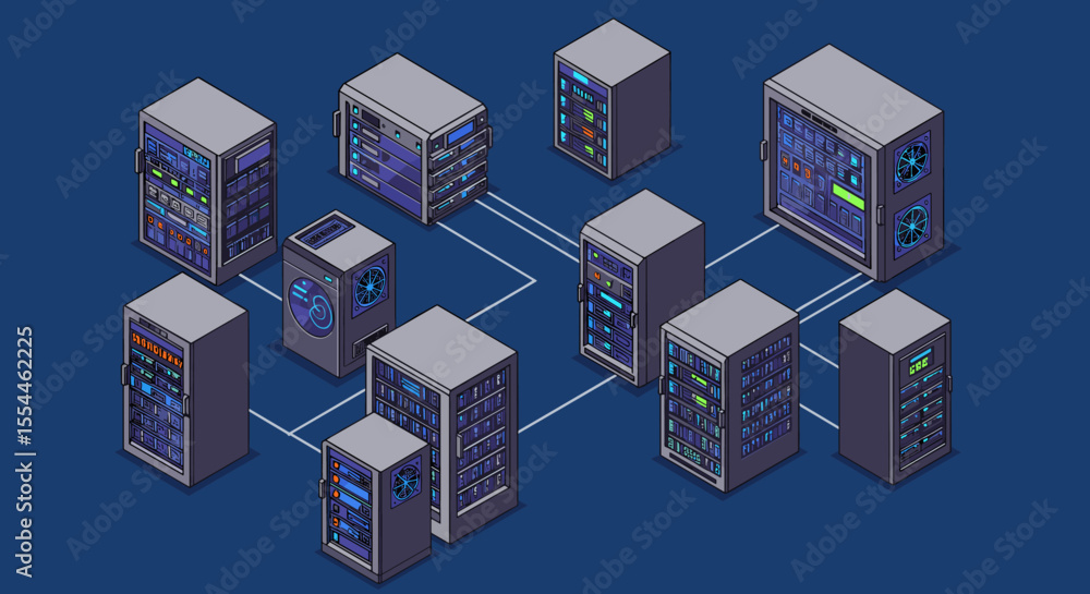 Poster data center network connectivity vector illustration for technology print and poster design in isome