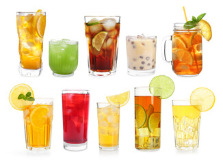 Iced tea. Different types of drinks in glasses isolated on white, set