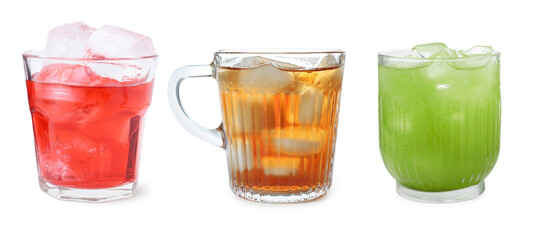 Iced tea. Different types of drinks in glasses isolated on white, set