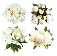 Beautiful bouquets of peony flowers on white background, collage. Top view
