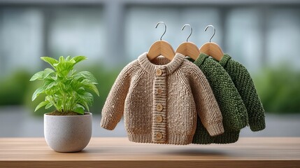 Three small cardigans on hangers sit by a potted plant on a wooden surface