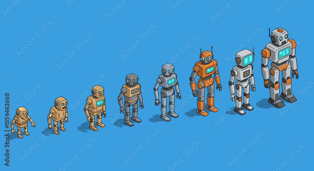 Poster evolution of robots vector illustration for technology concept in isometric style