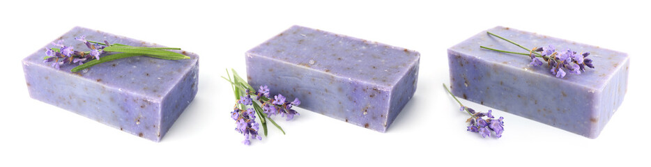 Soap bars and lavender flowers isolated on white, set