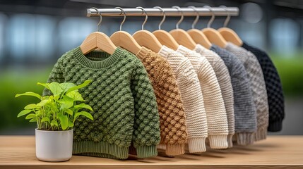 Row of colorful textured sweaters on hangers with green plant beside them