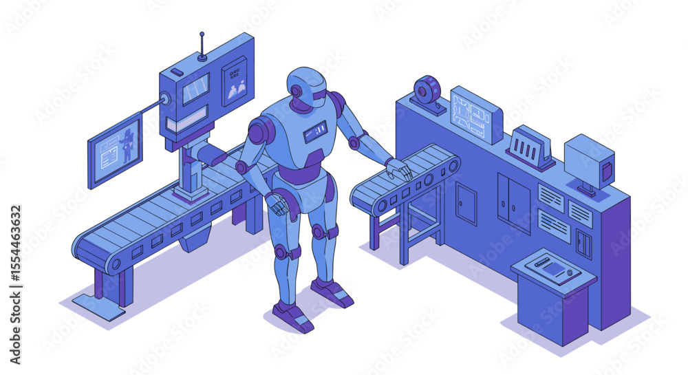 Poster futuristic robot working on assembly line vector illustration for technology design in isometric sty