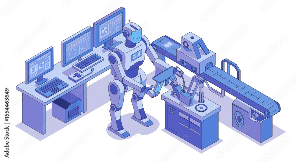 Poster futuristic robotics vector illustration - industrial automation in isometric style for design