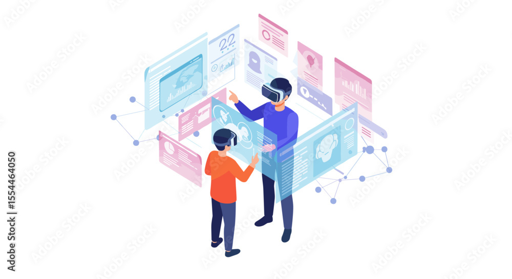 Poster futuristic virtual reality experience with interactive screens vector illustration - perfect for tec