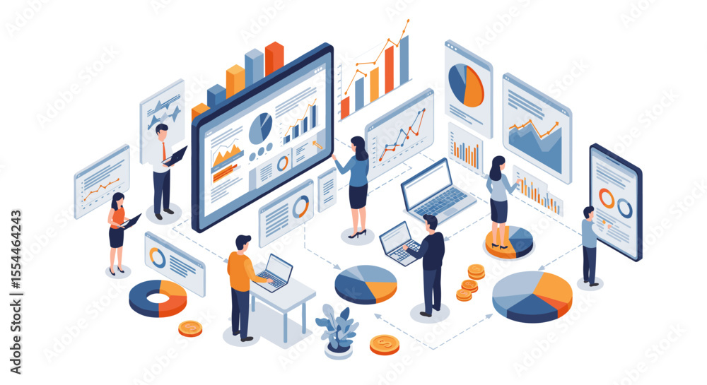 Poster business analytics transformation vector illustration in isometric style for data visualization desi