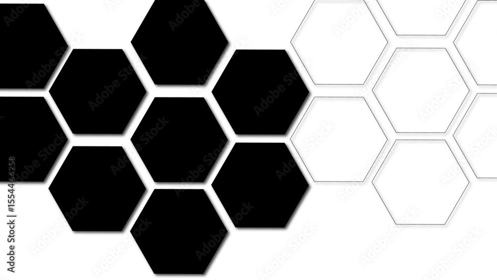 Poster abstract geometric background composed of interlocking black and white hexagons. solid black hexagon