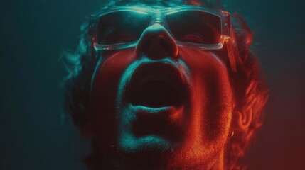 Musician with AR glasses manipulates vocals in a dark clubs ambiance