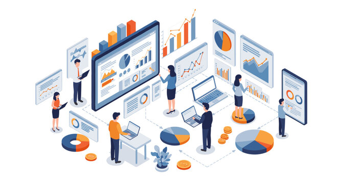Business analytics transformation vector illustration in isometric style for data visualization design