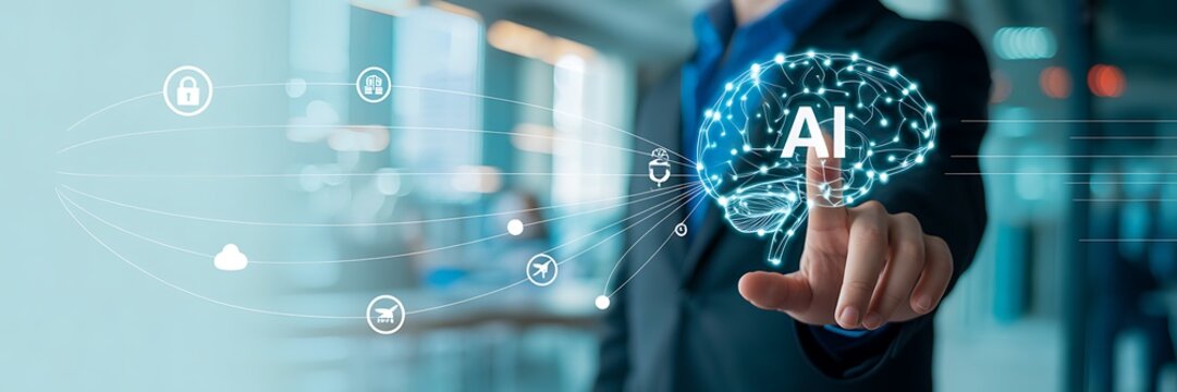 Person touching glowing artificial intelligence brain