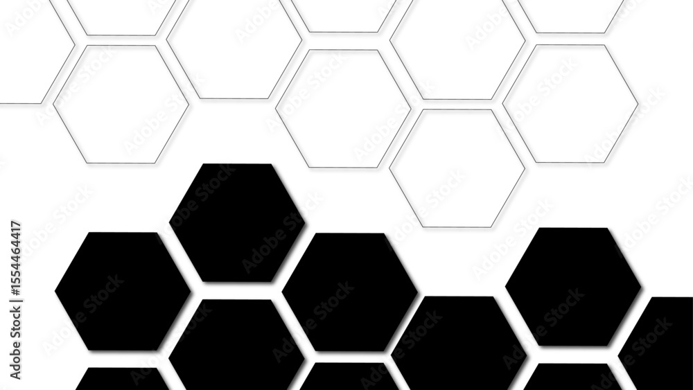 Poster abstract geometric background composed of interlocking black and white hexagons. solid black hexagon