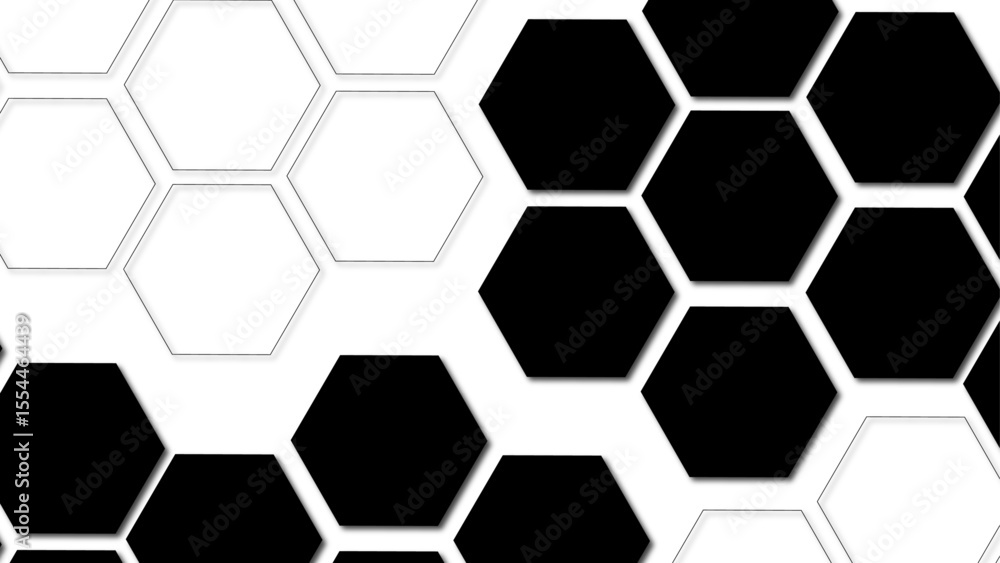 Poster abstract geometric background composed of interlocking black and white hexagons. solid black hexagon
