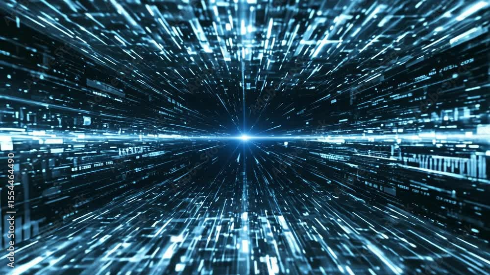 Poster abstract digital tunnel with glowing blue lines conveys a sense of speed and technological advanceme