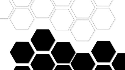 Obraz premium Abstract geometric background composed of interlocking black and white hexagons. Solid black hexagons, creating a stark monochrome contrast. Futuristic and technological aesthetic