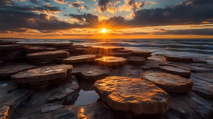 Sunset over Coastal Rocks isolated on transparent background