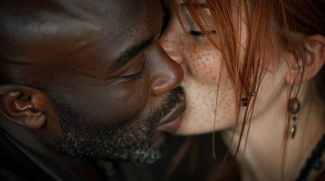 interracial couple kissing each other, love and romance