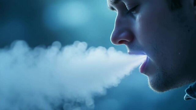Captivating scene of young man exhaling breath in cold air, creating misty atmosphere with dreamy blue backdrop.