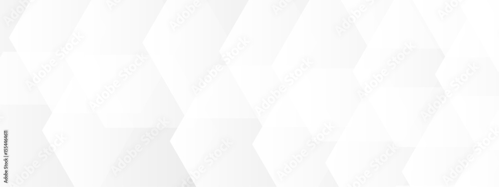 Poster abstract seamless background with overlapping translucent white hexagons on a light gray to white gr