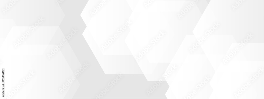 Poster abstract seamless background with overlapping translucent white hexagons on a light gray to white gr