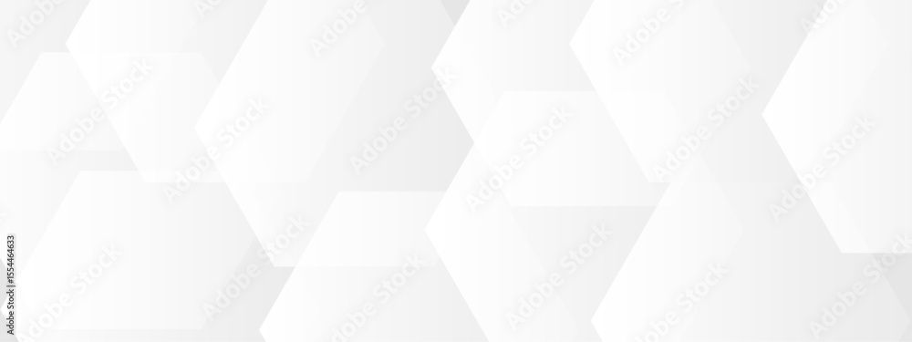 Poster abstract seamless background with overlapping translucent white hexagons on a light gray to white gr
